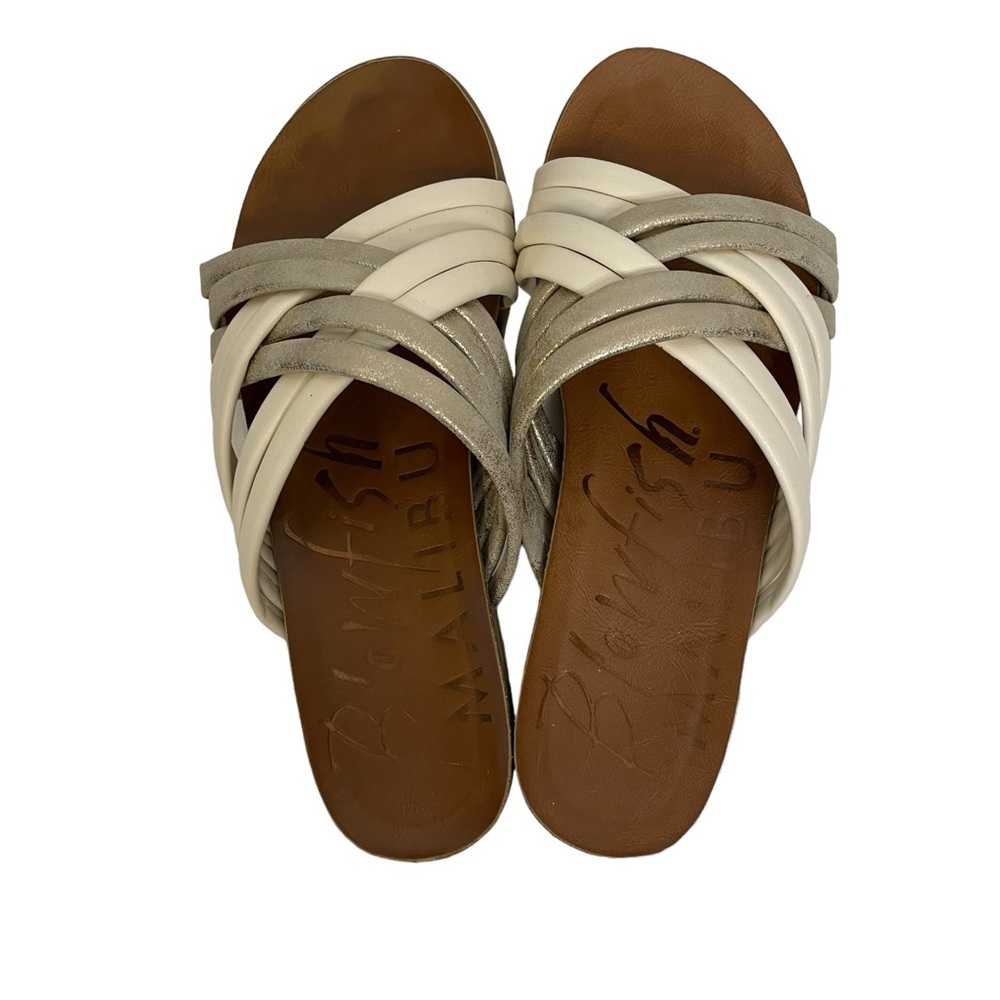 Blowfish Myll Sandals Women’s Bone and Gold Slip  EUC On Size 7.5